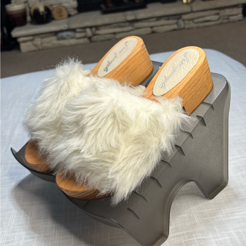 Free People Cream Mules with Faux Fur Trim
